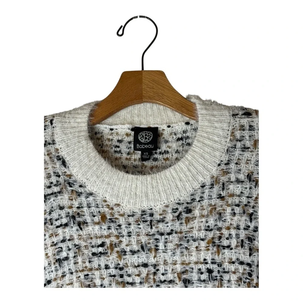 Bobeau Sweater Women XS Ivory Black Tweed‎ Knit Side Zip Crew Neck Pullover NWT